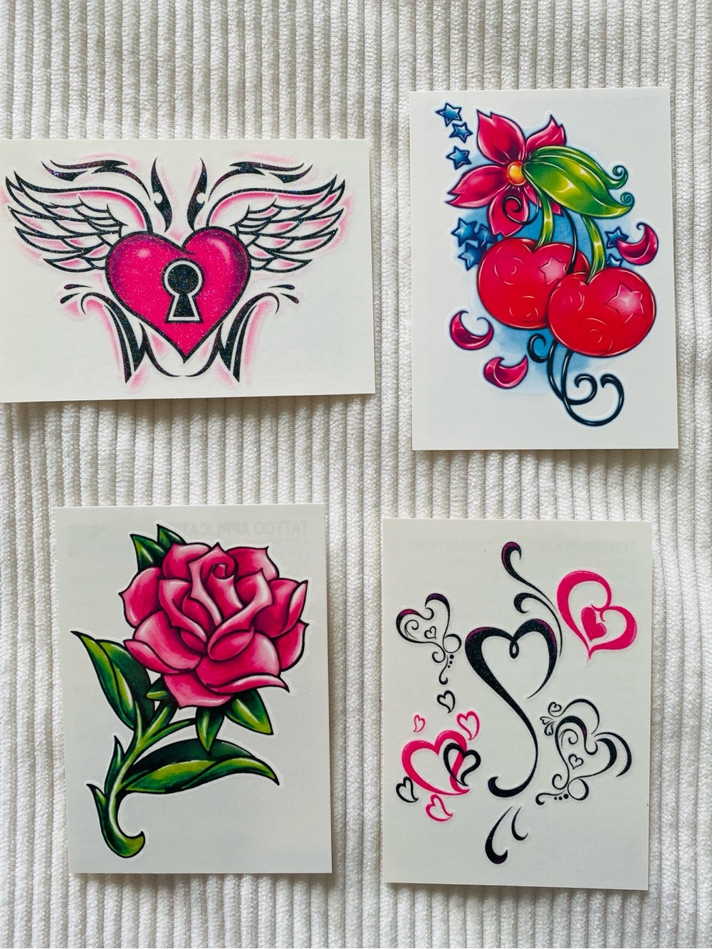Y2K Temporary Tattoos Glitter Pink Hearts Key Wings Rose Flower Cherries Stars